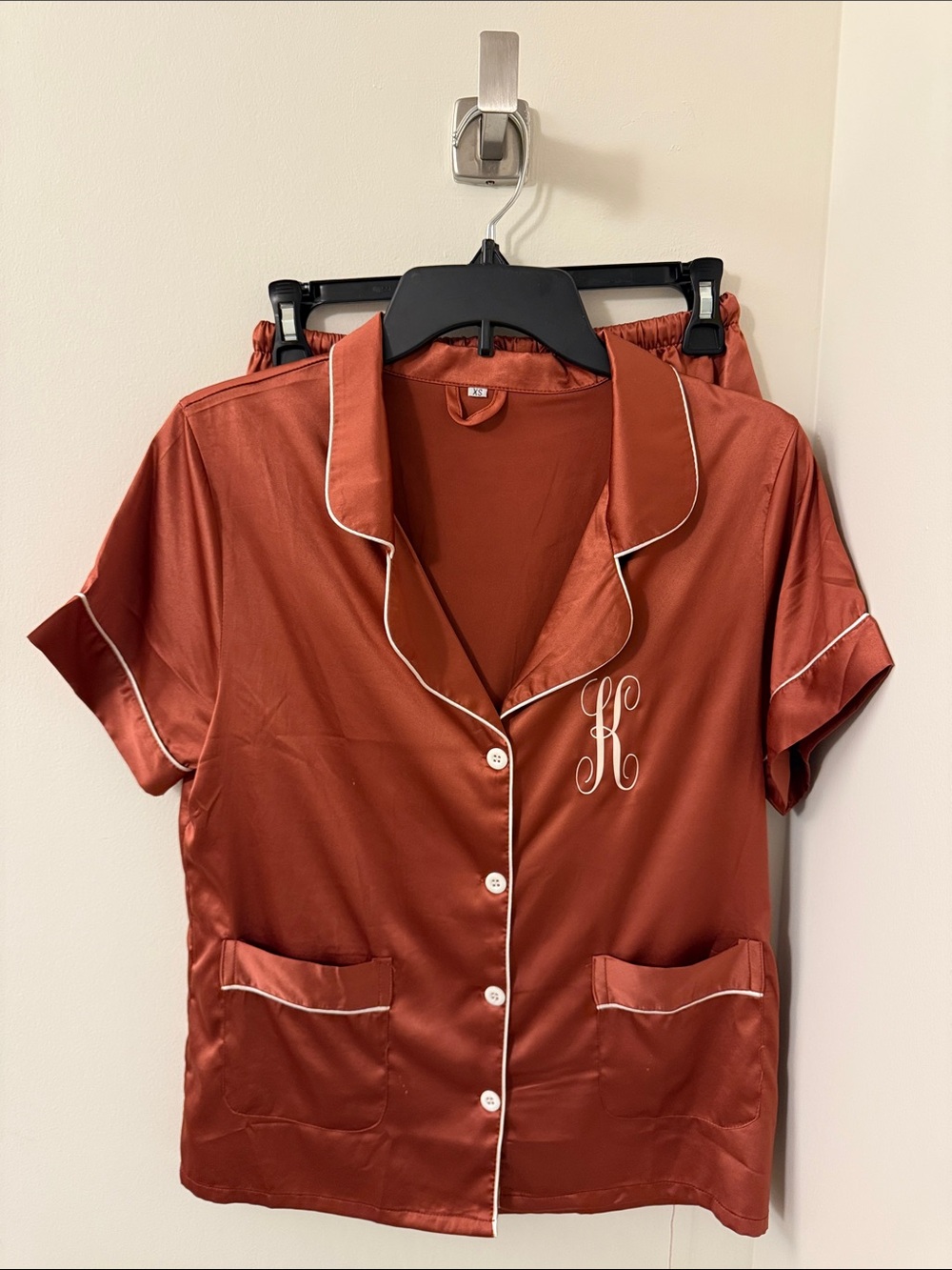 Monogram Short Sleeve Satin Pajama Set - Rust